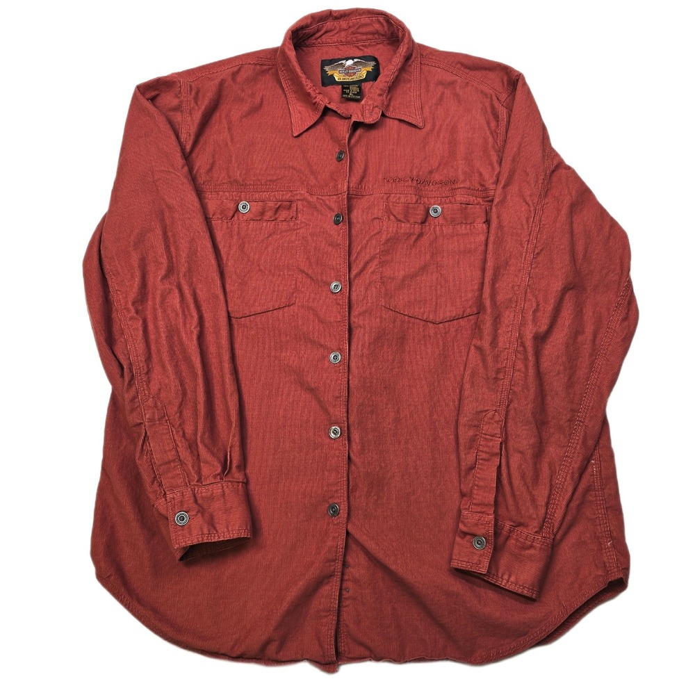 Harley Davidson Corduroy Shirt Womens‎ XL Rust Orange Embroidered Logo